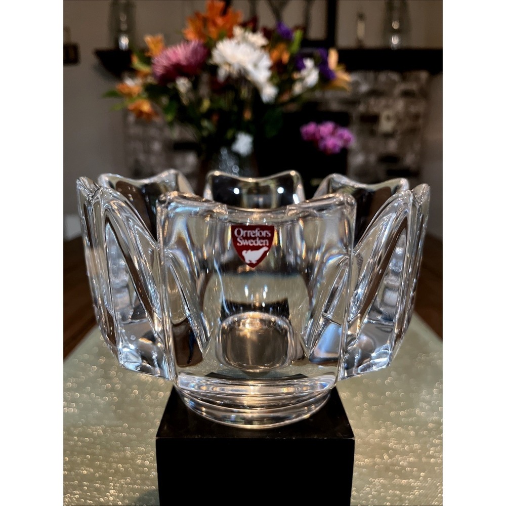 Vintage Orrefors Crystal Corona Bowl Lars Hellsten Signed Sweden 5 1/2 Inch